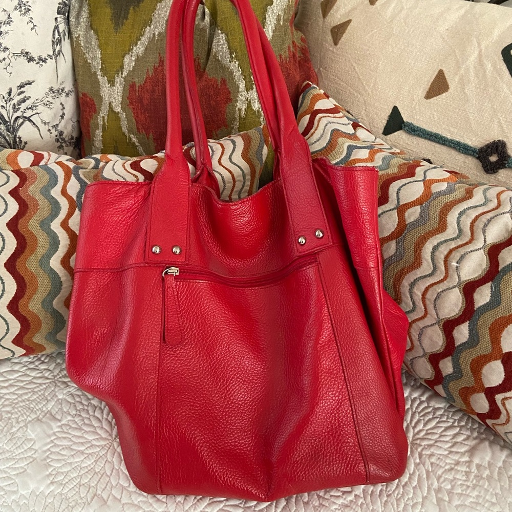 Red Leather Tote Shoulder Bag Zebra Interior